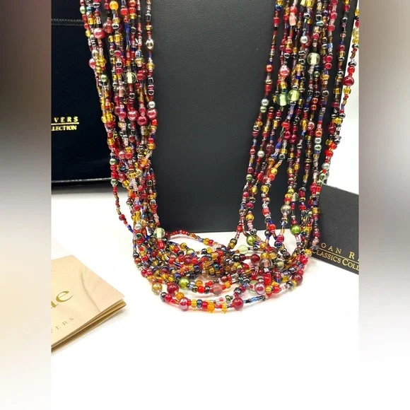Vintage Joan Rivers Glass Gold Tone Jewel Tone 12 Multistrand Beaded Necklace